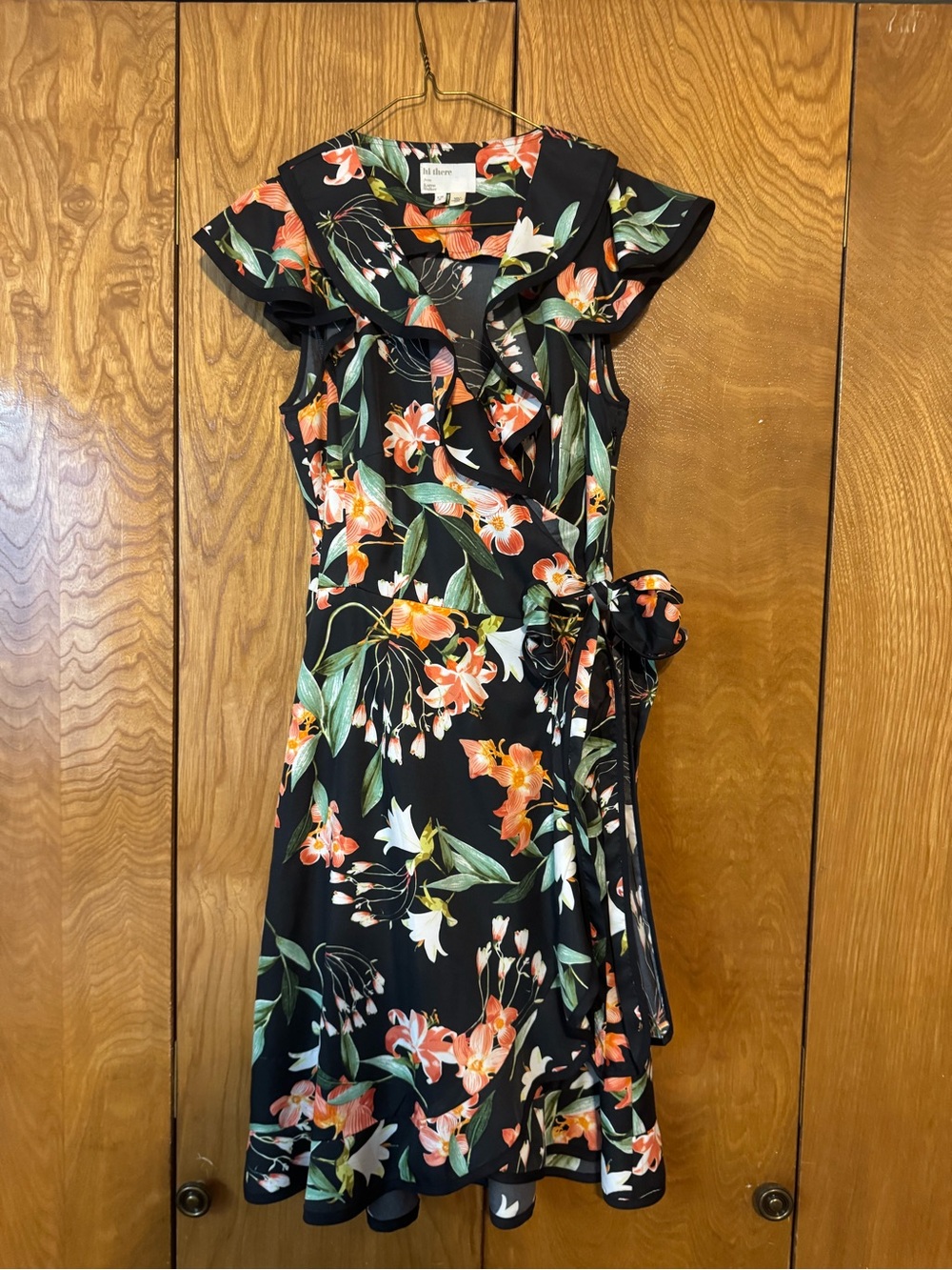 Hi There from Karen Walker Black Floral Wrap Dress V-Neck Ruffle Belted
